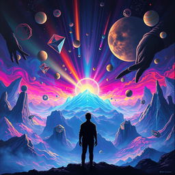 A conceptual painting depicting the harms of drugs in a beautifully surreal world, set in an incredible virtual space