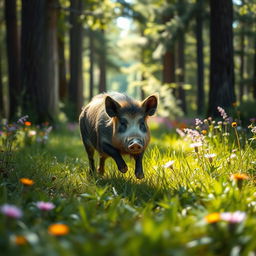A lively scene of a wild hog running through a picturesque forest