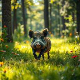 A lively scene of a wild hog running through a picturesque forest