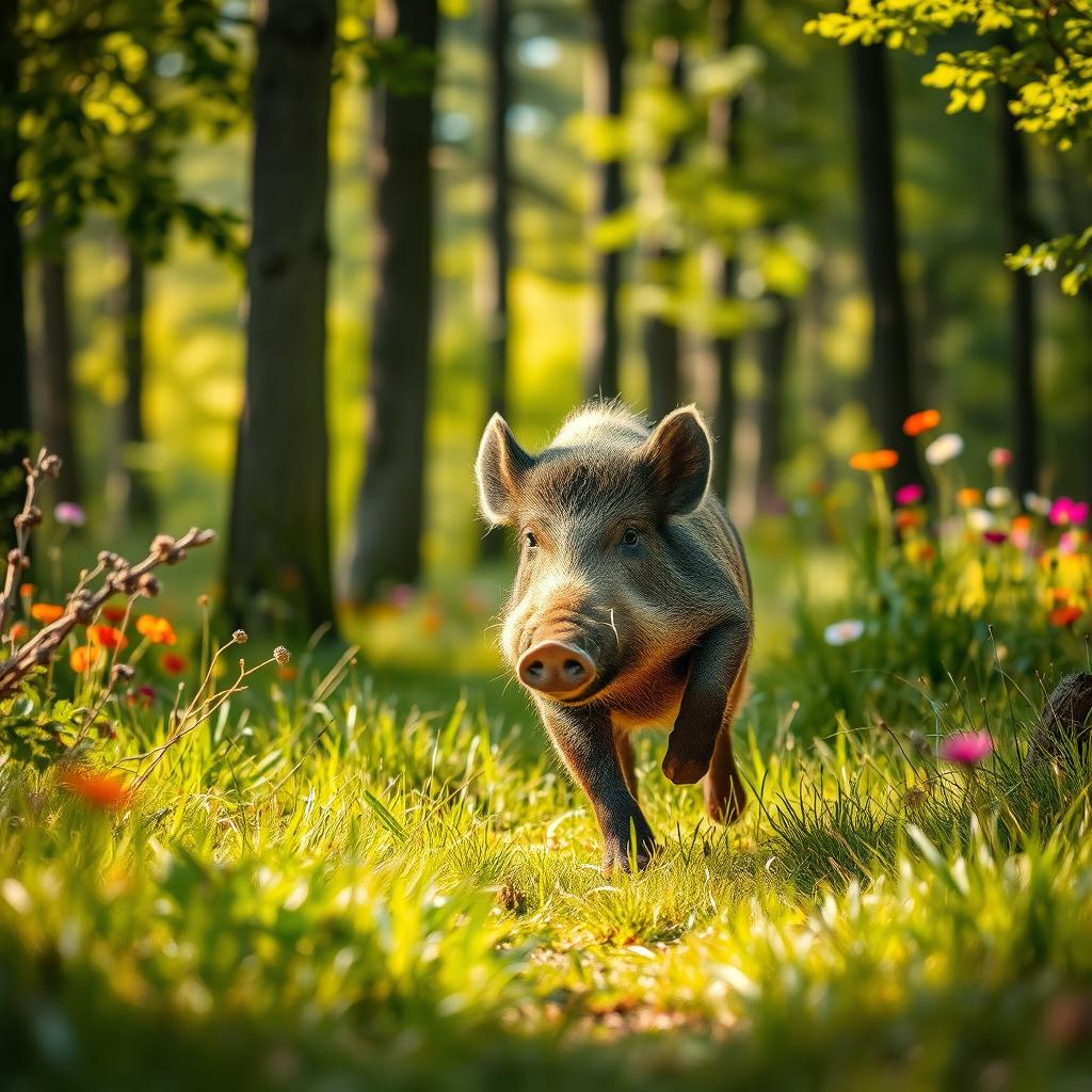 A lively scene of a wild hog running through a picturesque forest
