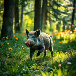 A lively scene of a wild hog running through a picturesque forest