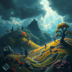 A conceptual painting depicting the harms of drugs set in a beautifully vibrant yet mysterious virtual world