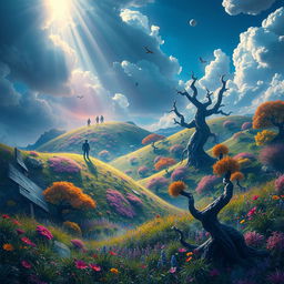 A conceptual painting depicting the harms of drugs set in a beautifully vibrant yet mysterious virtual world