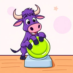 A playful and vibrant vector illustration of a purple bull pressing a button on a table