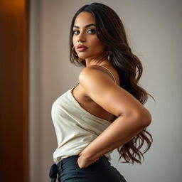 A close-up portrait of a confident woman posing sensually, showcasing an elegant and curvy body, wearing a stylish outfit that emphasizes her figure, with an emphasis on body positivity and self-expression
