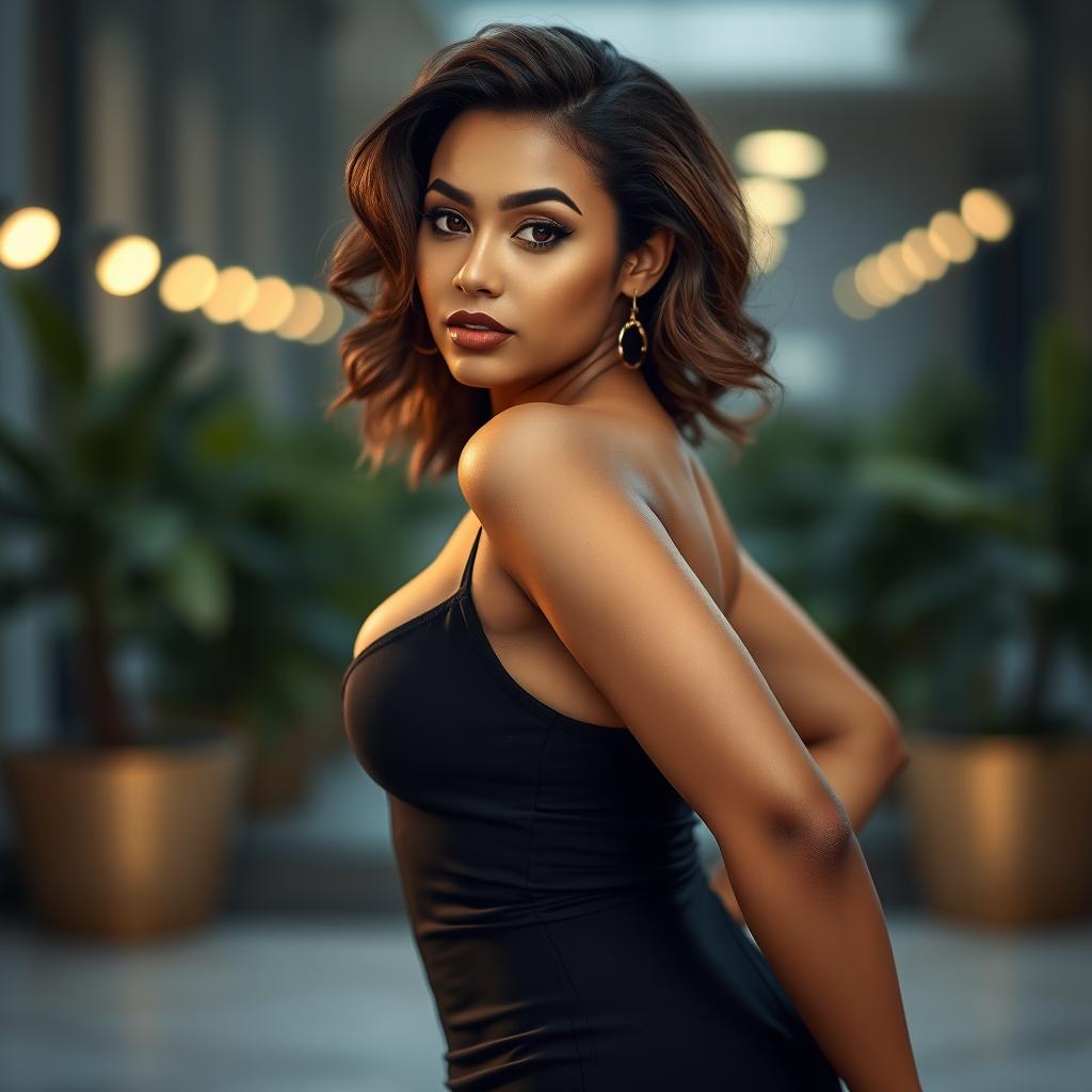 A close-up portrait of a confident woman posing sensually, showcasing an elegant and curvy body, wearing a stylish outfit that emphasizes her figure, with an emphasis on body positivity and self-expression
