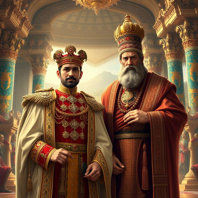 A majestic and powerful scene depicting the historic figures of Mohammad Reza Shah and Cyrus the Great (Kourosh) in a grand, regal setting