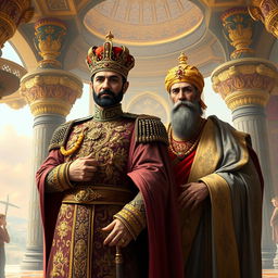 A majestic and powerful scene depicting the historic figures of Mohammad Reza Shah and Cyrus the Great (Kourosh) in a grand, regal setting