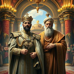 A majestic and powerful scene depicting the historic figures of Mohammad Reza Shah and Cyrus the Great (Kourosh) in a grand, regal setting