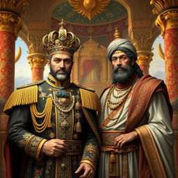A majestic and powerful scene depicting the historic figures of Mohammad Reza Shah and Cyrus the Great (Kourosh) in a grand, regal setting