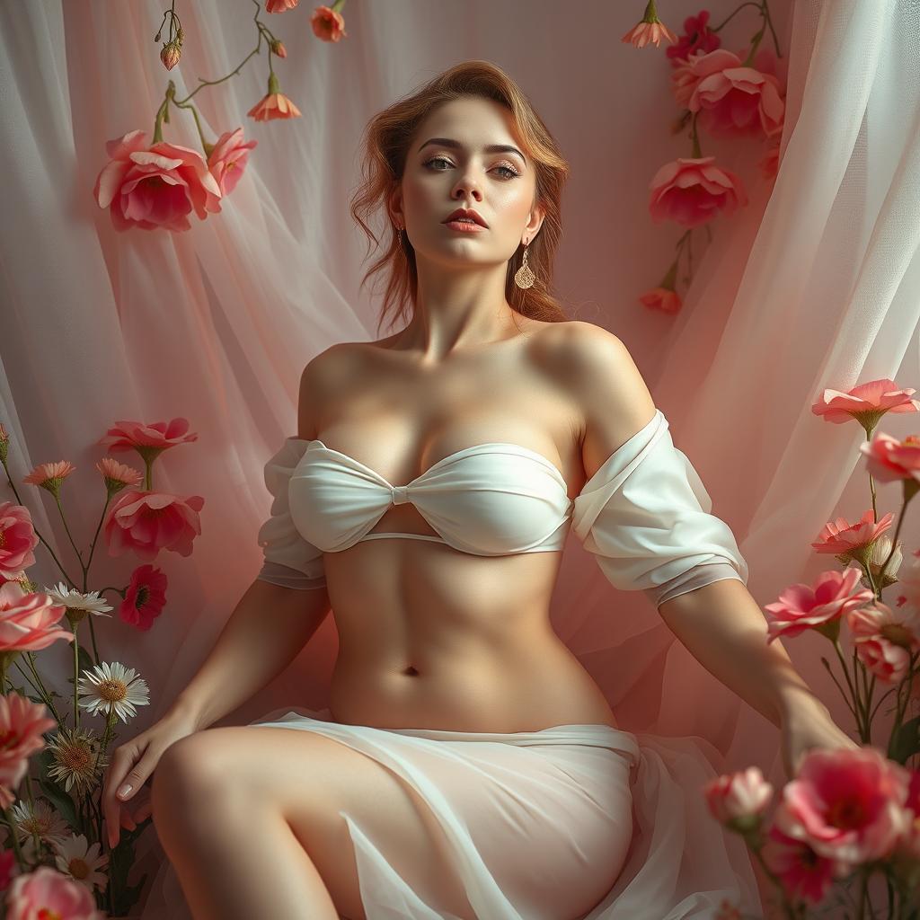 A surreal artistic representation of a woman with exaggerated proportions, specifically highlighting her unique features in a tasteful manner