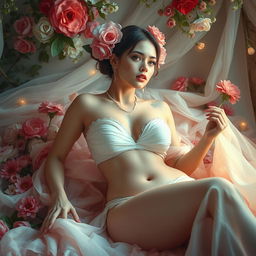 A surreal artistic representation of a woman with exaggerated proportions, specifically highlighting her unique features in a tasteful manner