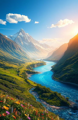A stunning digital painting of a beautiful river winding through majestic mountains