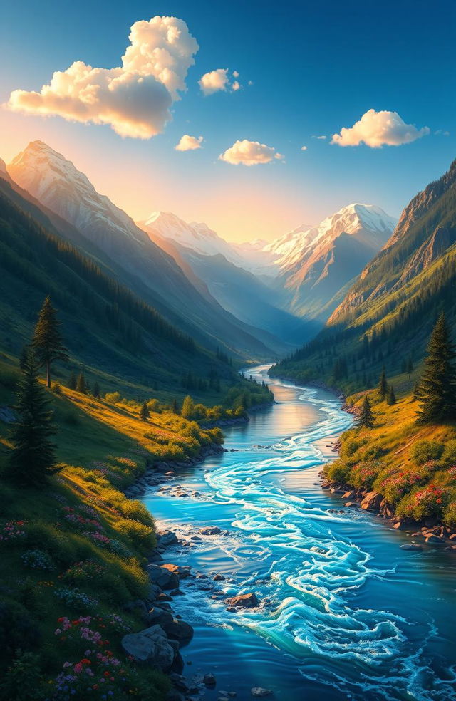 A stunning digital painting of a beautiful river winding through majestic mountains