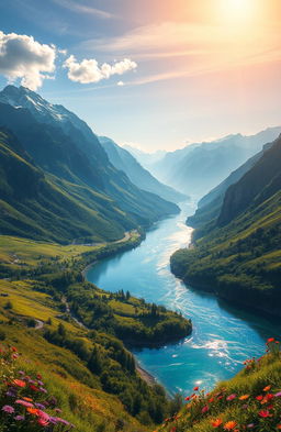 A stunning digital painting of a beautiful river winding through majestic mountains