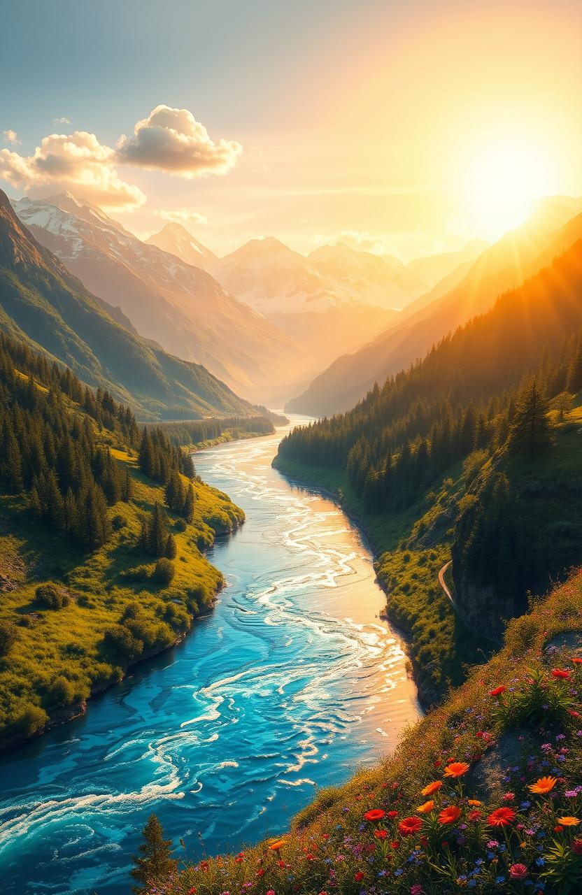 A stunning digital painting of a beautiful river winding through majestic mountains