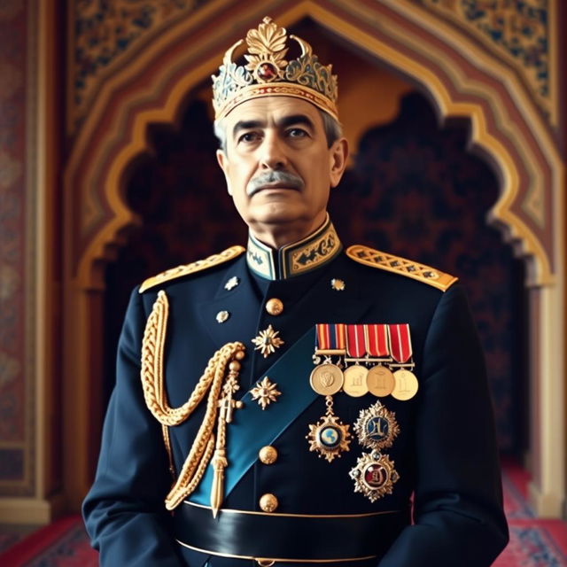 A formal portrait of Mohammad Reza Shah Pahlavi, the last Shah of Iran, in a dignified and elegant setting