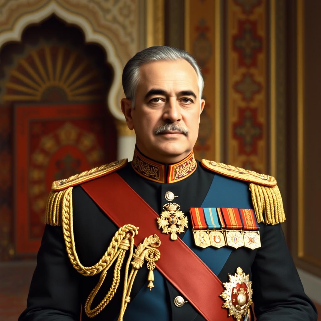 A formal portrait of Mohammad Reza Shah Pahlavi, the last Shah of Iran, in a dignified and elegant setting