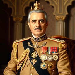 A formal portrait of Mohammad Reza Shah Pahlavi, the last Shah of Iran, in a dignified and elegant setting