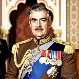 A formal portrait of Mohammad Reza Shah Pahlavi, the last Shah of Iran, in a dignified and elegant setting