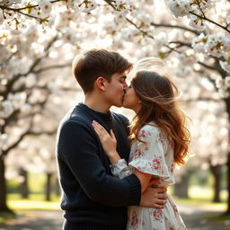 A romantic scene featuring a boy and a girl sharing a kiss