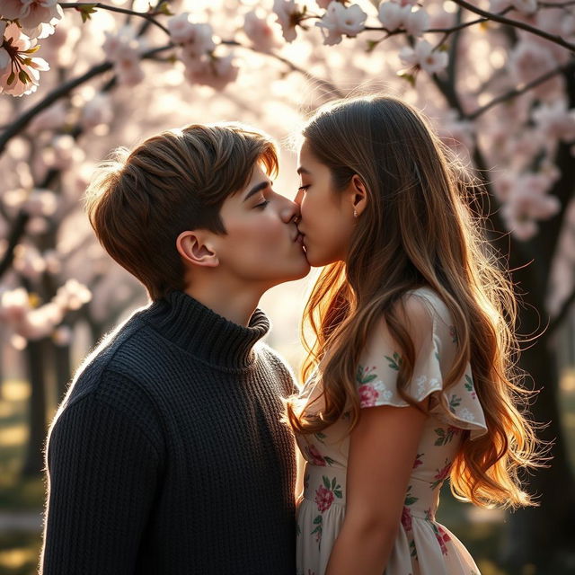 A romantic scene featuring a boy and a girl sharing a kiss