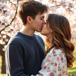 A romantic scene featuring a boy and a girl sharing a kiss
