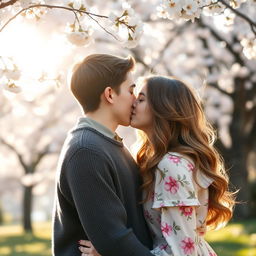 A romantic scene featuring a boy and a girl sharing a kiss