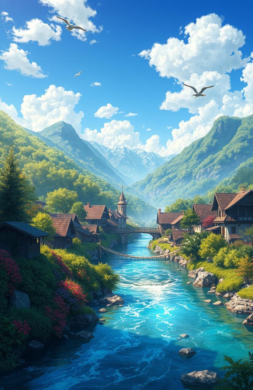 A stunning digital painting of a picturesque river flowing through a charming village nestled in the lush green mountains