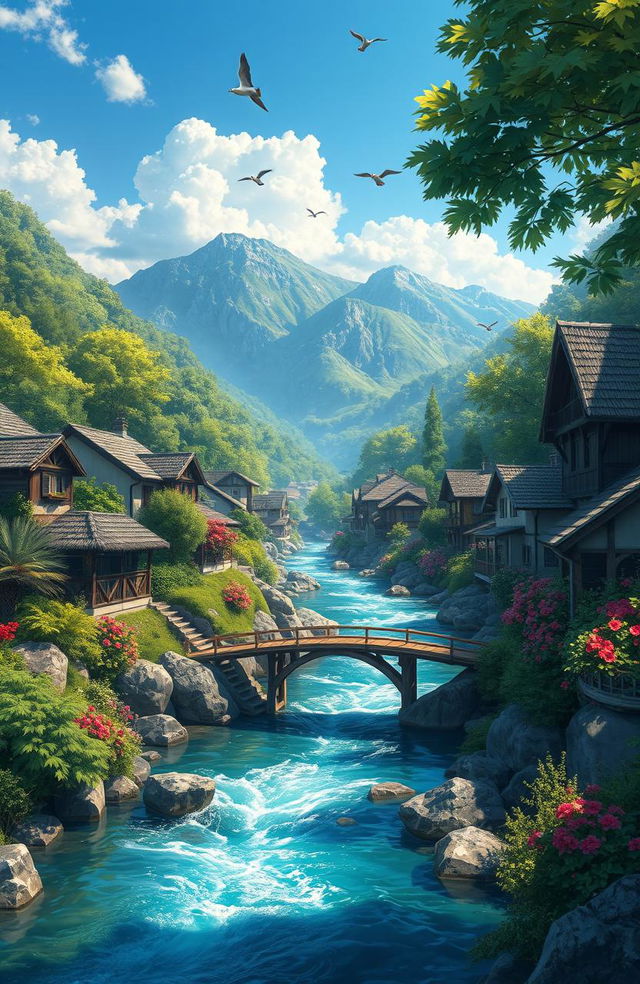 A stunning digital painting of a picturesque river flowing through a charming village nestled in the lush green mountains