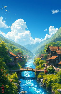A stunning digital painting of a picturesque river flowing through a charming village nestled in the lush green mountains