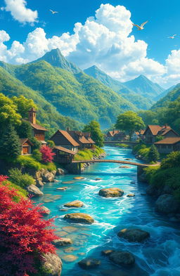 A stunning digital painting of a picturesque river flowing through a charming village nestled in the lush green mountains
