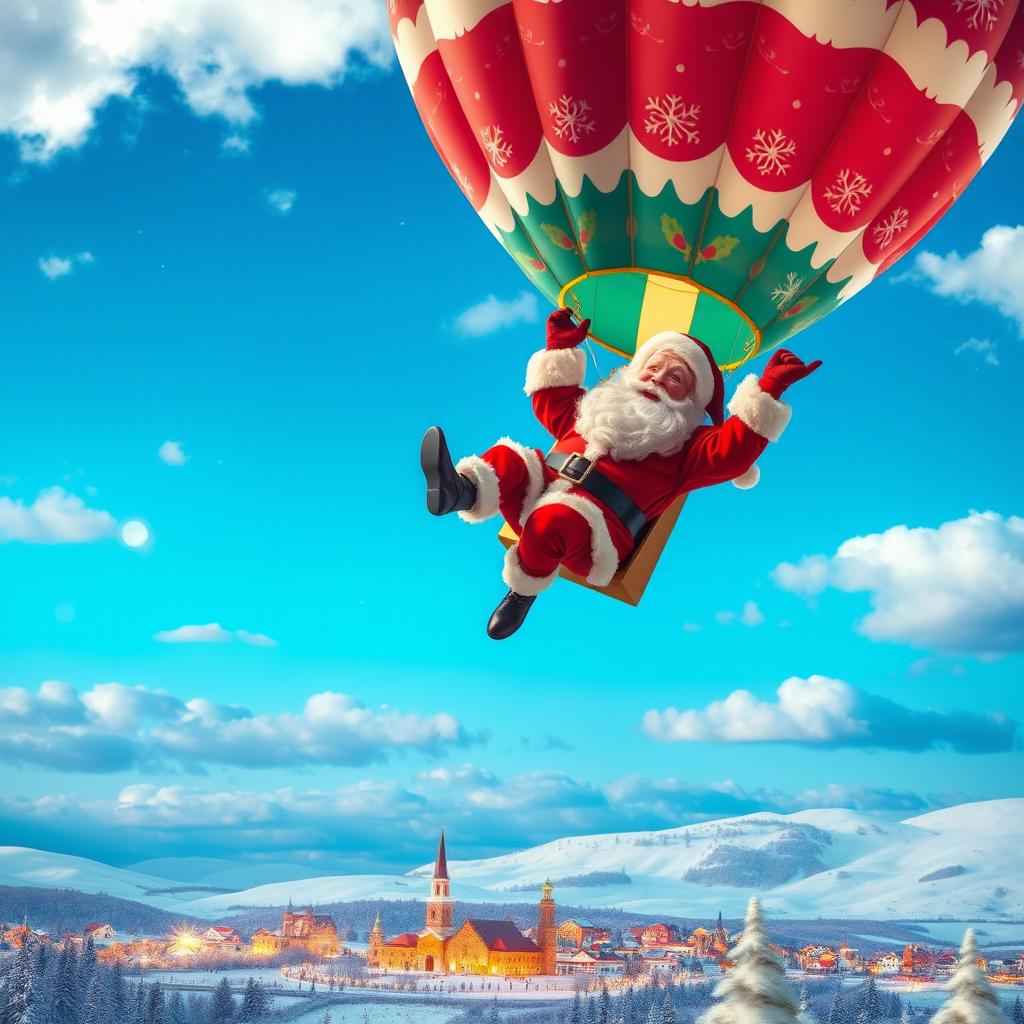 Santa Claus joyfully floating in a vibrant hot air balloon, surrounded by a bright blue sky and fluffy white clouds