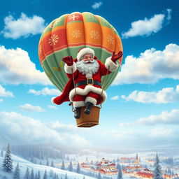 Santa Claus joyfully floating in a vibrant hot air balloon, surrounded by a bright blue sky and fluffy white clouds