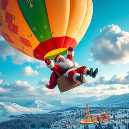 Santa Claus joyfully floating in a vibrant hot air balloon, surrounded by a bright blue sky and fluffy white clouds