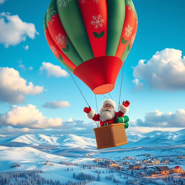 Santa Claus joyfully floating in a vibrant hot air balloon, surrounded by a bright blue sky and fluffy white clouds