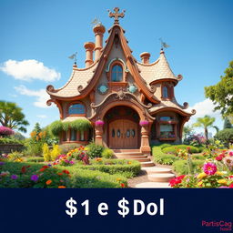 A uniquely designed house available for just one dollar, showcasing an intriguing architecture with vibrant decorations and whimsical elements