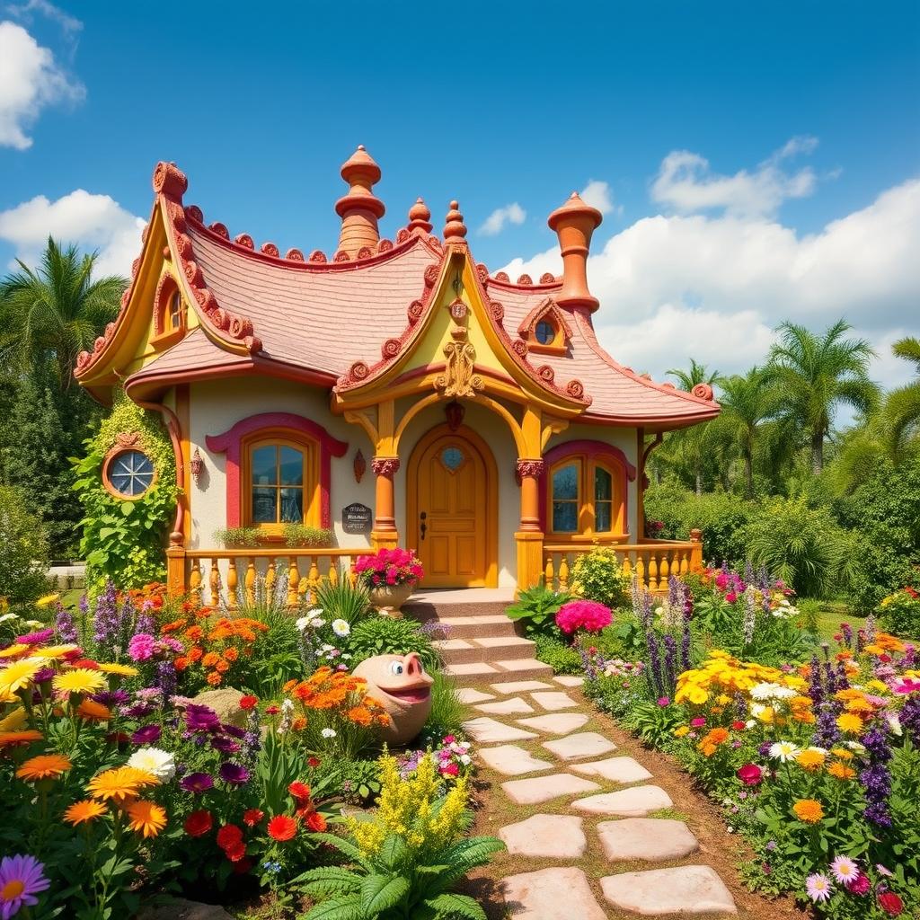 A uniquely designed house available for just one dollar, showcasing an intriguing architecture with vibrant decorations and whimsical elements