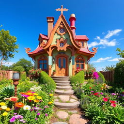 A uniquely designed house available for just one dollar, showcasing an intriguing architecture with vibrant decorations and whimsical elements