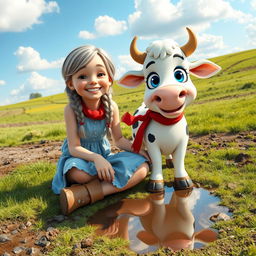 A whimsical outdoor scene featuring a cheerful girl with long braided silver hair, sitting on the ground wearing a light blue dress and brown boots