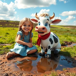 A whimsical outdoor scene featuring a cheerful girl with long braided silver hair, sitting on the ground wearing a light blue dress and brown boots