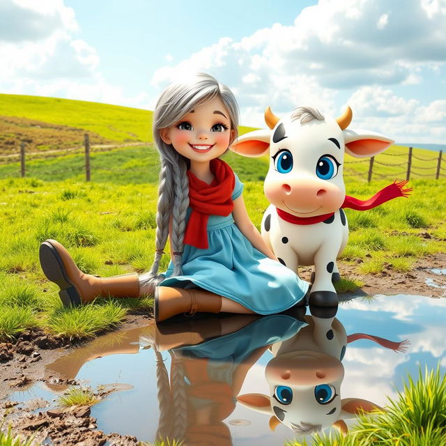 A whimsical outdoor scene featuring a cheerful girl with long braided silver hair, sitting on the ground wearing a light blue dress and brown boots