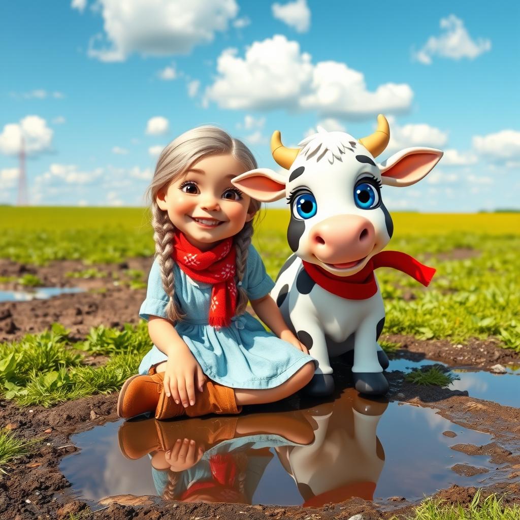 A whimsical outdoor scene featuring a cheerful girl with long braided silver hair, sitting on the ground wearing a light blue dress and brown boots