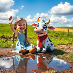 A whimsical outdoor scene featuring a cheerful girl with long braided silver hair, wearing a light blue dress and brown boots, joyfully sitting on the ground while taking a selfie with an adorable cartoon cow