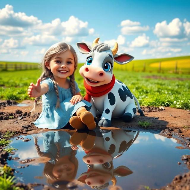 A whimsical outdoor scene featuring a cheerful girl with long braided silver hair, wearing a light blue dress and brown boots, joyfully sitting on the ground while taking a selfie with an adorable cartoon cow