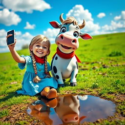 A whimsical outdoor scene featuring a cheerful girl with long braided silver hair, wearing a light blue dress and brown boots, joyfully sitting on the ground while taking a selfie with an adorable cartoon cow