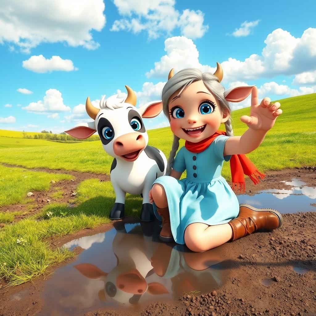 A whimsical outdoor scene featuring a cheerful girl with long braided silver hair, wearing a light blue dress and brown boots, joyfully sitting on the ground while taking a selfie with an adorable cartoon cow