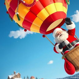 Santa Claus joyfully riding in a vibrant hot air balloon against a clear blue sky, with colorful decorations on the balloon, a snowy village in the background, and a few fluffy clouds scattered around