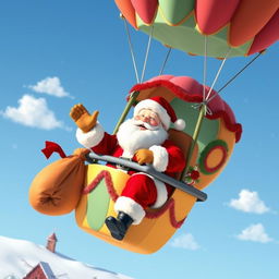 Santa Claus joyfully riding in a vibrant hot air balloon against a clear blue sky, with colorful decorations on the balloon, a snowy village in the background, and a few fluffy clouds scattered around