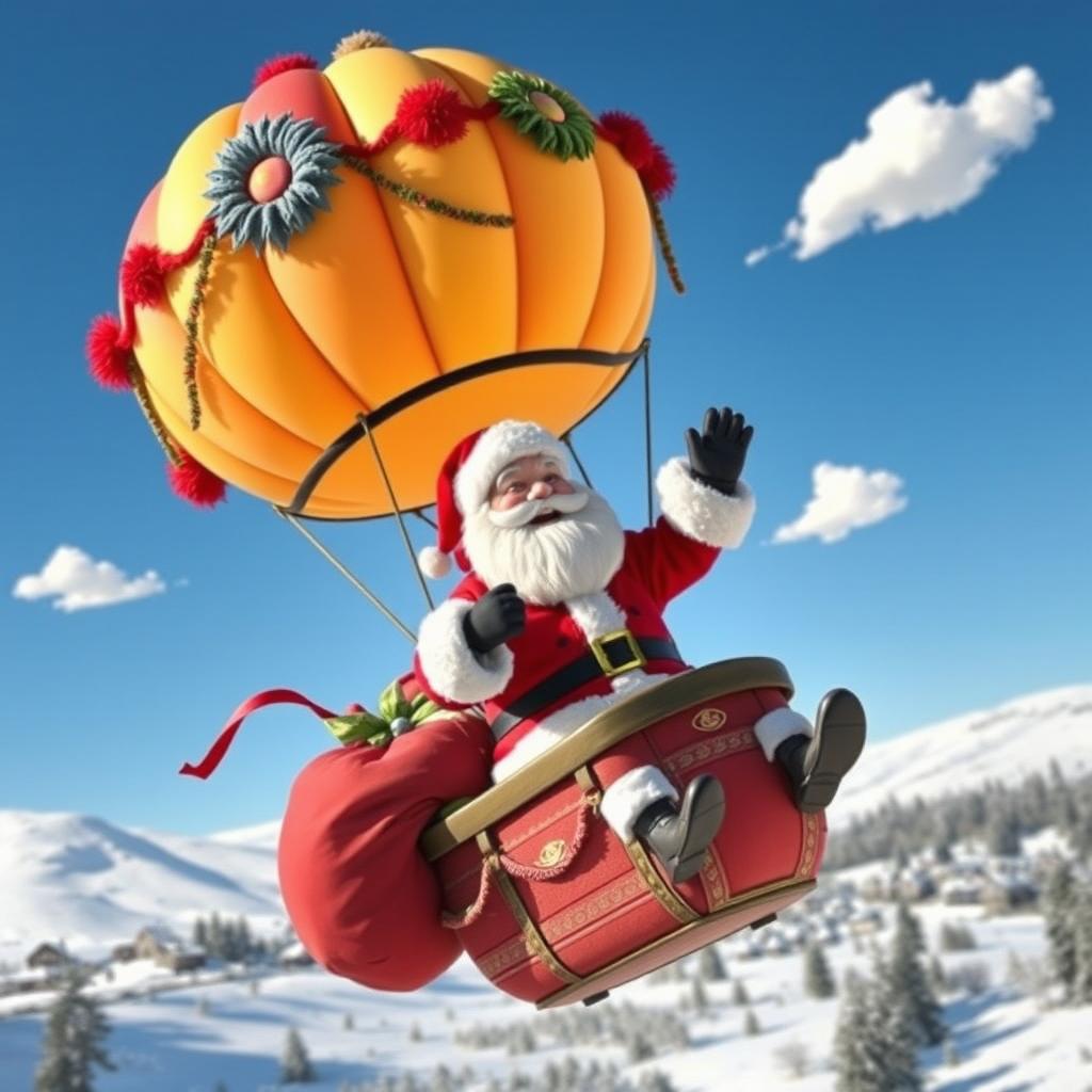 Santa Claus joyfully riding in a vibrant hot air balloon against a clear blue sky, with colorful decorations on the balloon, a snowy village in the background, and a few fluffy clouds scattered around